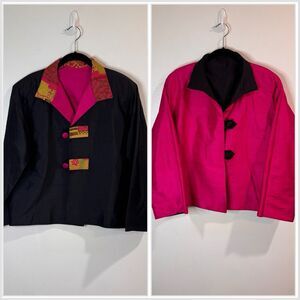 Vintage 80s 90s Blazer Coat Reversible L 100% Raw Silk Pink Black Art to Wear